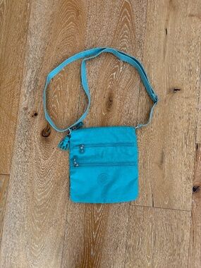 Teal Kipling purse with monkey keychain